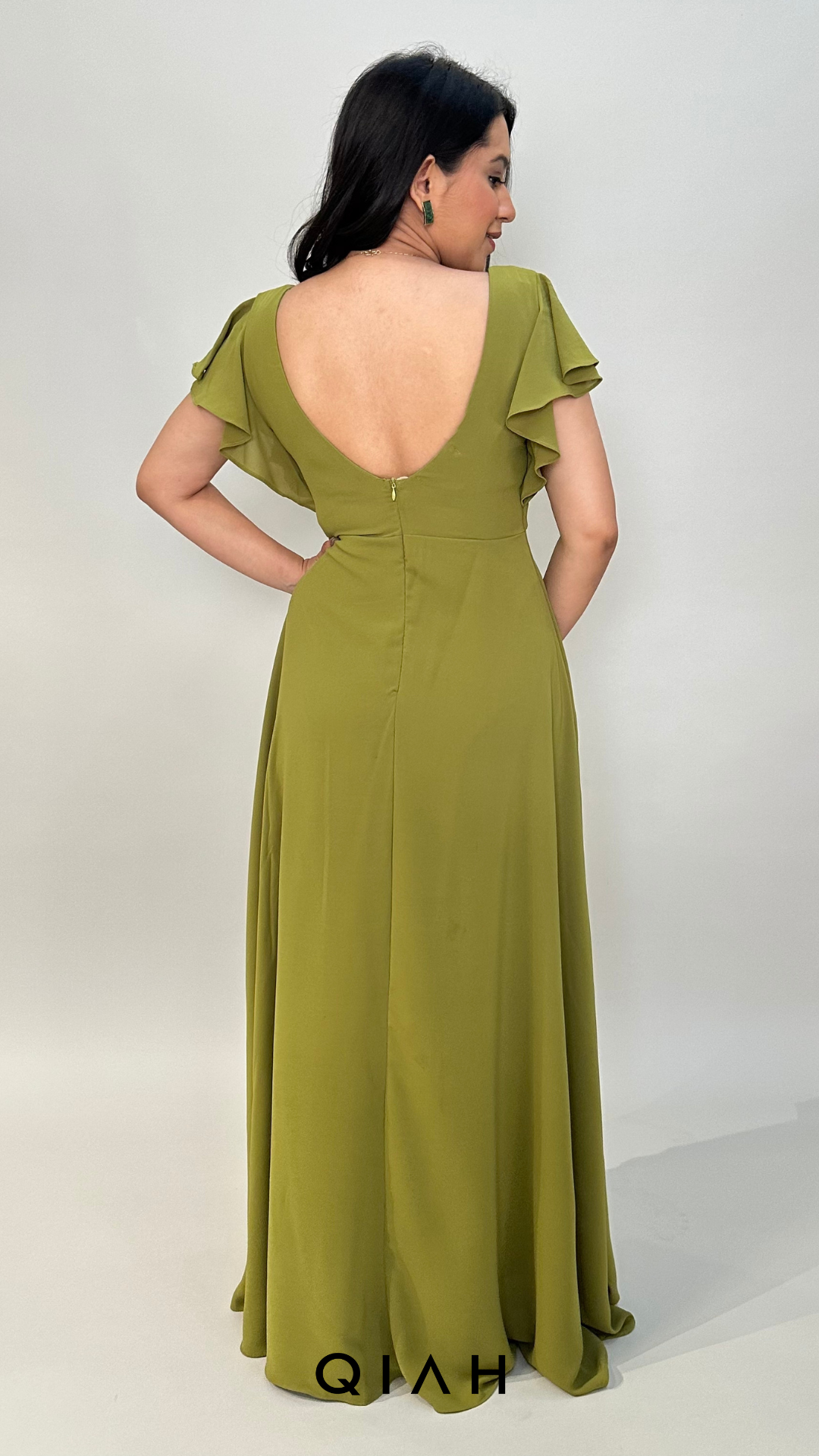 OLIVE GREEN WRAP NECK FRONT DETAILED LONG DRESS