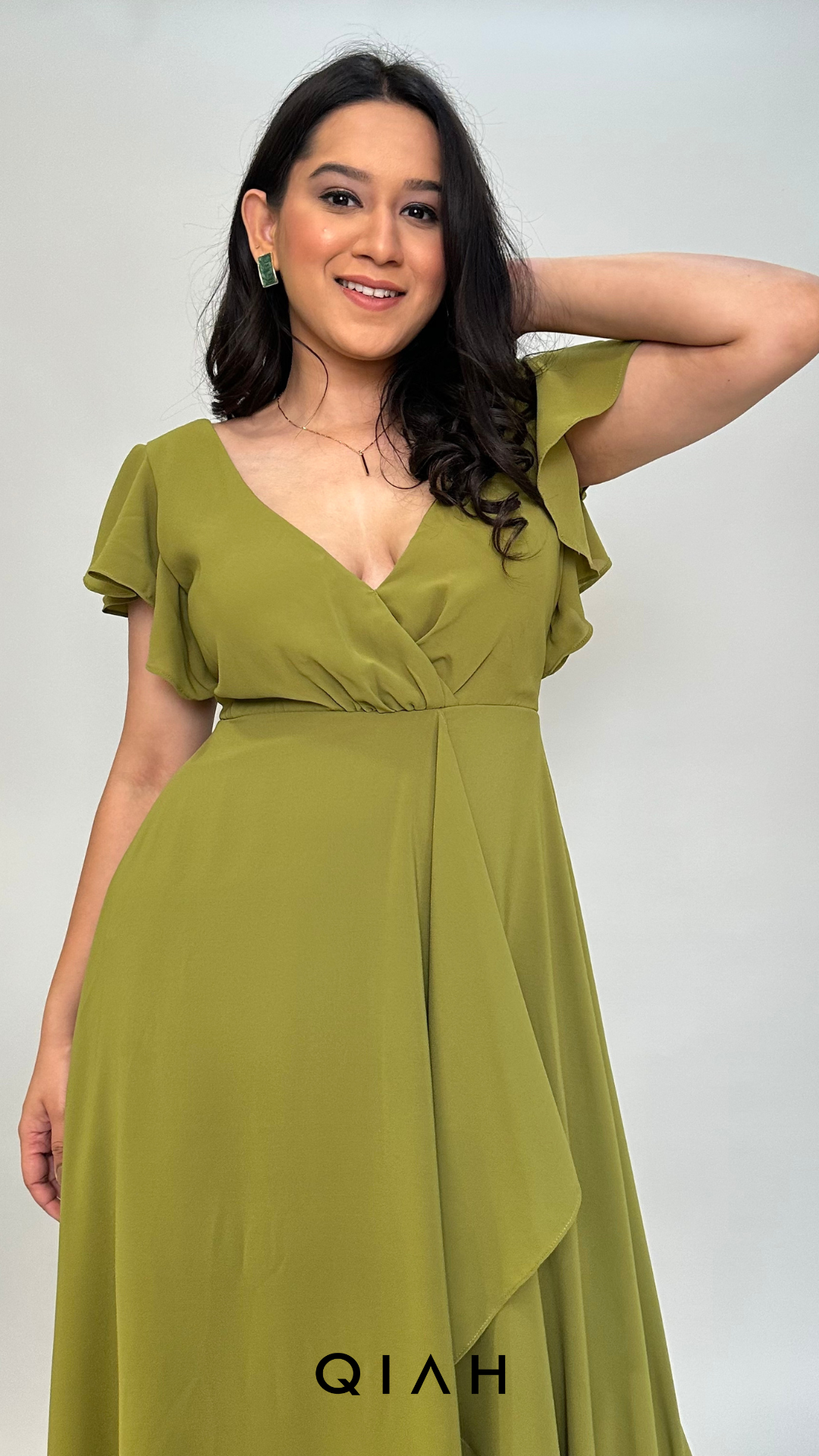 OLIVE GREEN WRAP NECK FRONT DETAILED LONG DRESS