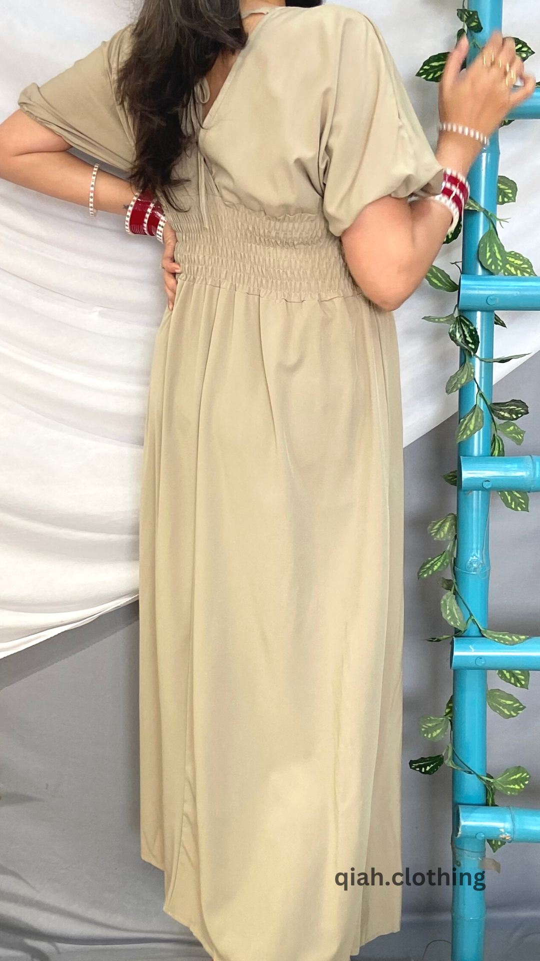 ALMOND HUE SOLID ANKLE LENGTH DRESS