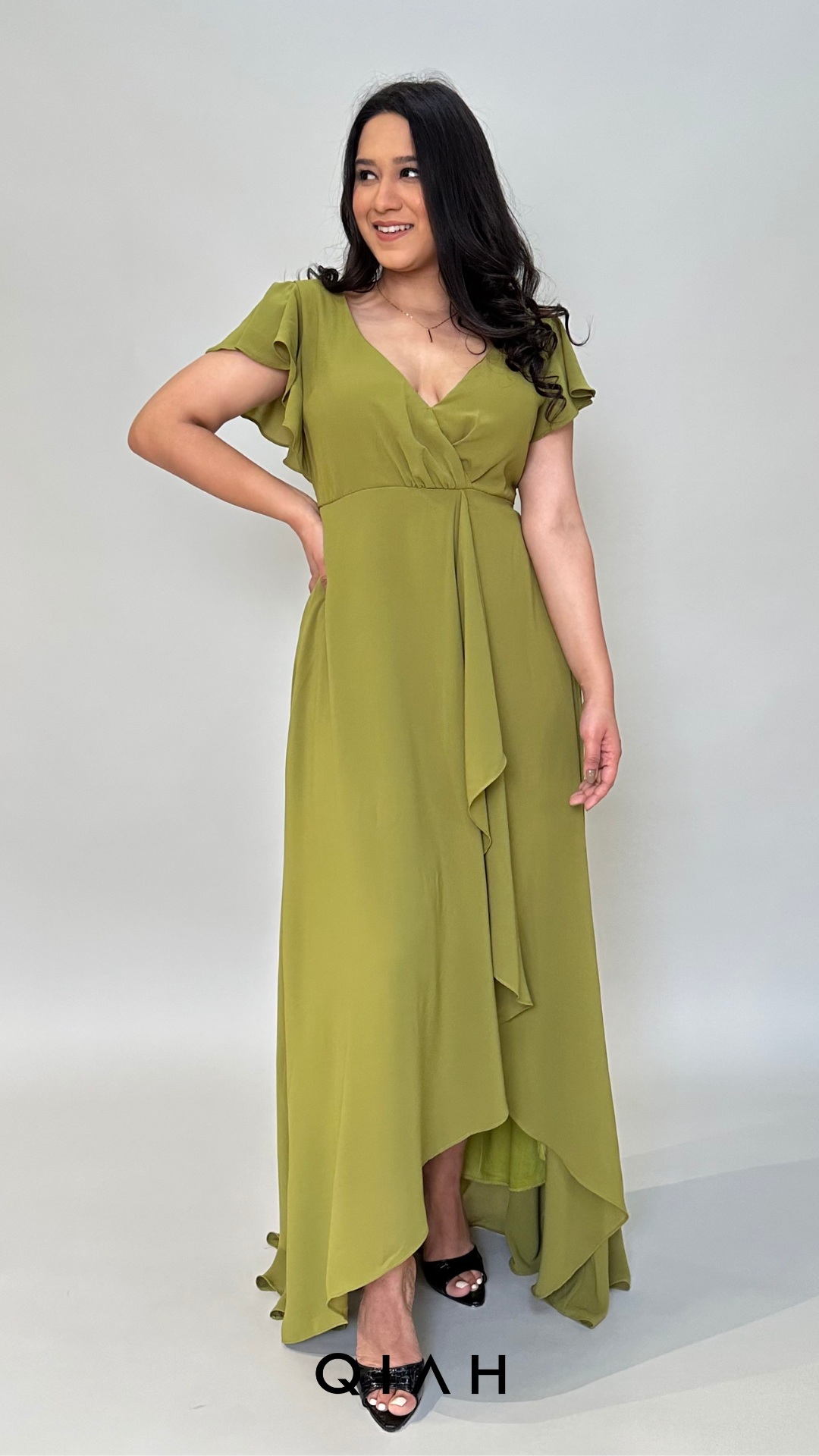 OLIVE GREEN WRAP NECK FRONT DETAILED LONG DRESS