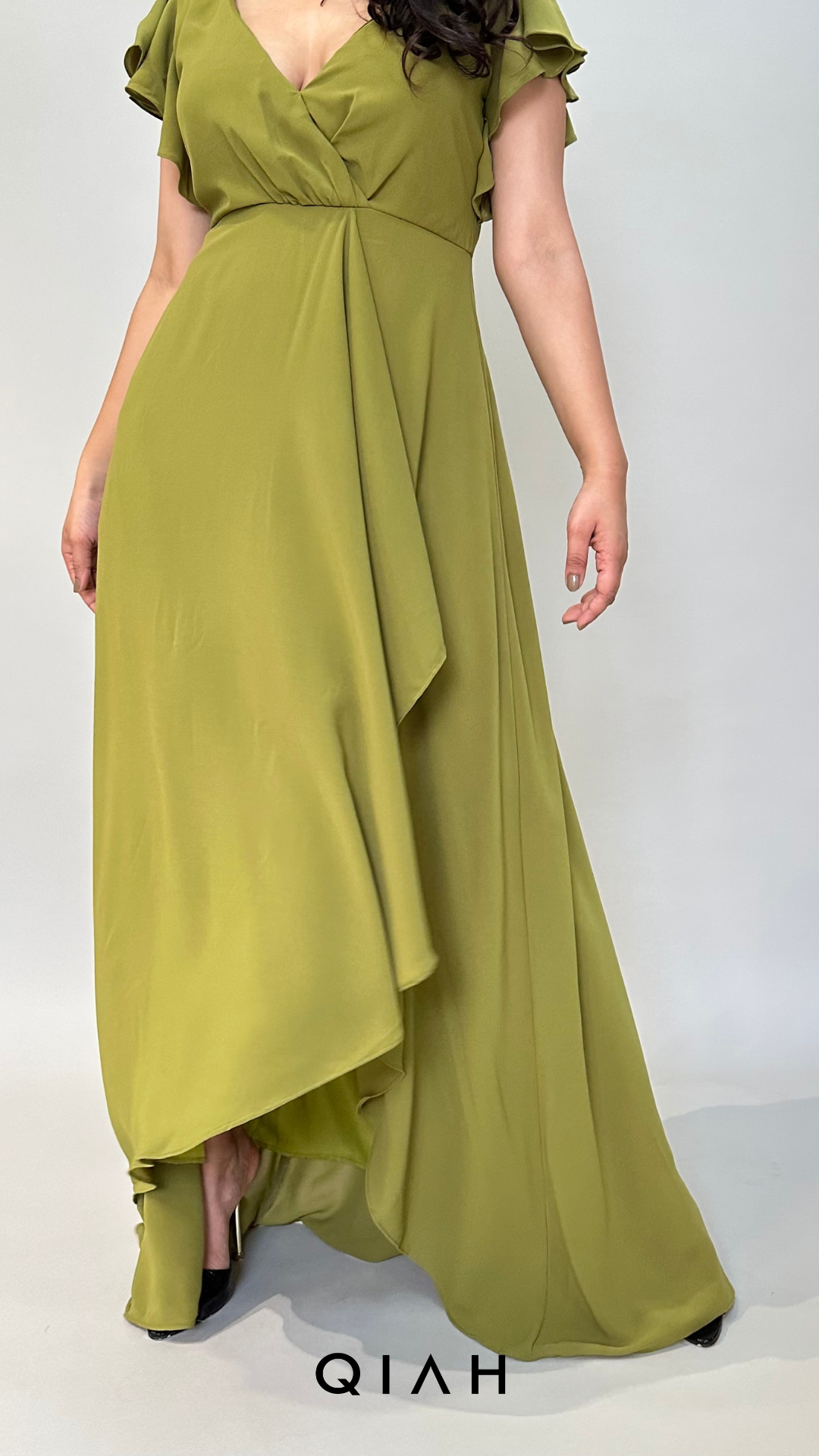 OLIVE GREEN WRAP NECK FRONT DETAILED LONG DRESS