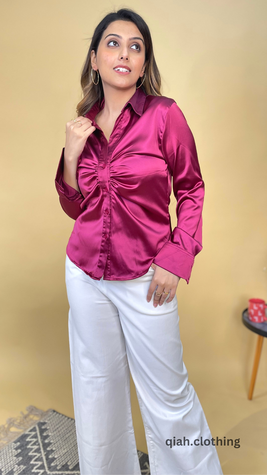 WINE FRONT DETAILED BUTTON DOWN SATIN SHIRT