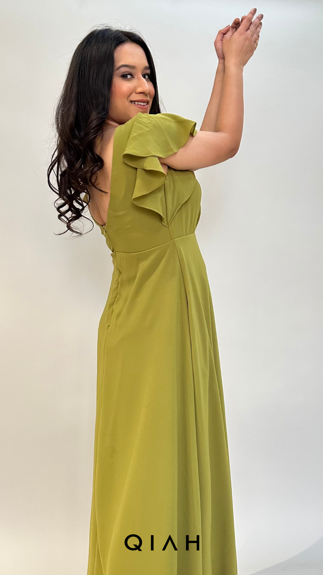 OLIVE GREEN WRAP NECK FRONT DETAILED LONG DRESS