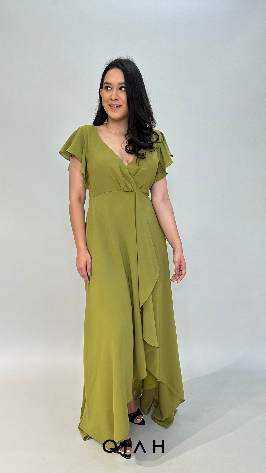 OLIVE GREEN WRAP NECK FRONT DETAILED LONG DRESS