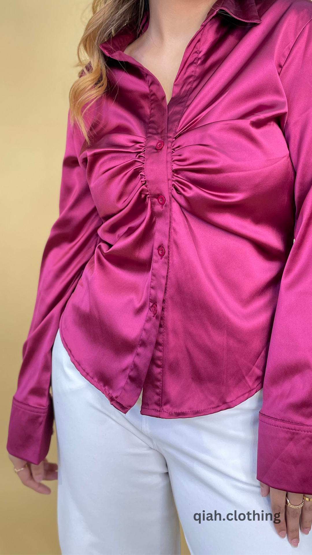 WINE FRONT DETAILED BUTTON DOWN SATIN SHIRT