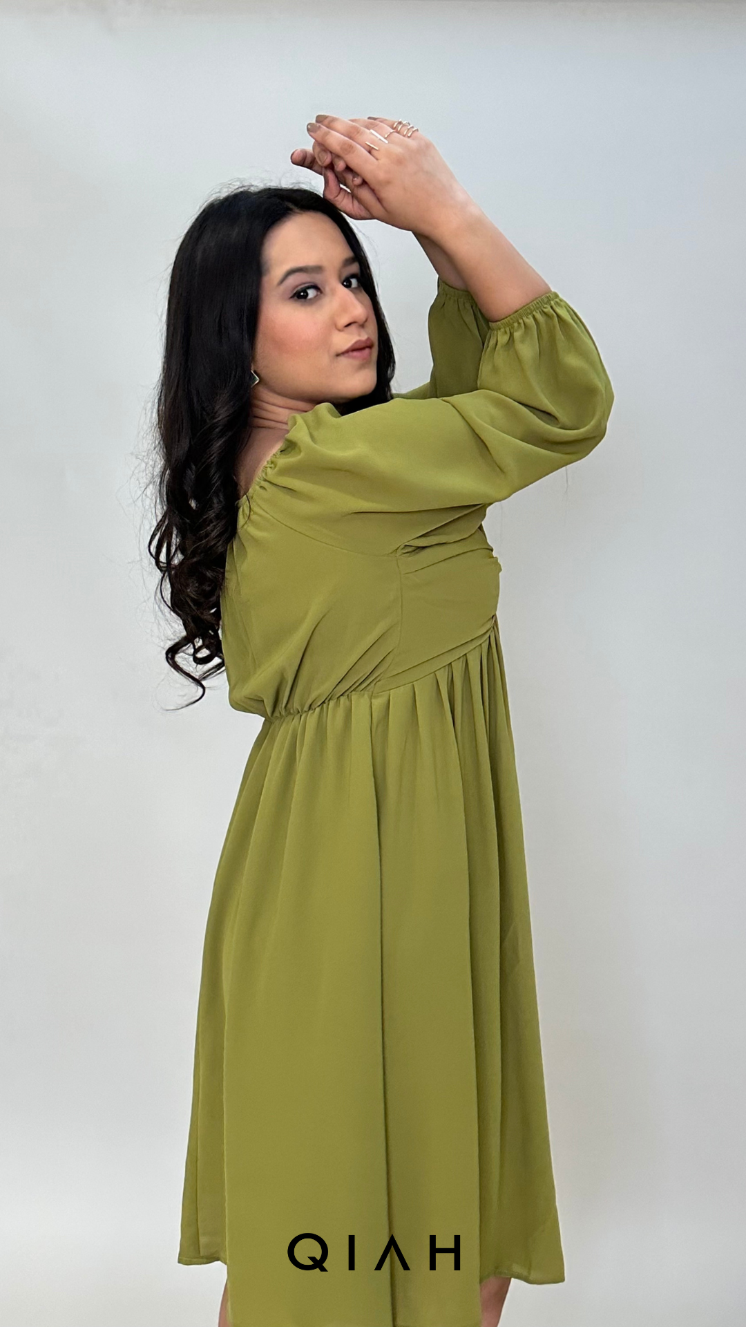 OLIVE GREEN EMPIRE WAIST KNEE LENGTH DRESS