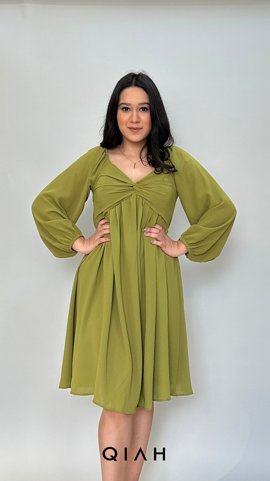 OLIVE GREEN EMPIRE WAIST KNEE LENGTH DRESS