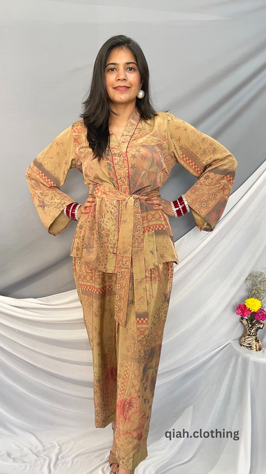 CAMEL BROWN GEOMETRICAL PRINT SHIRT STYLE COORD SET