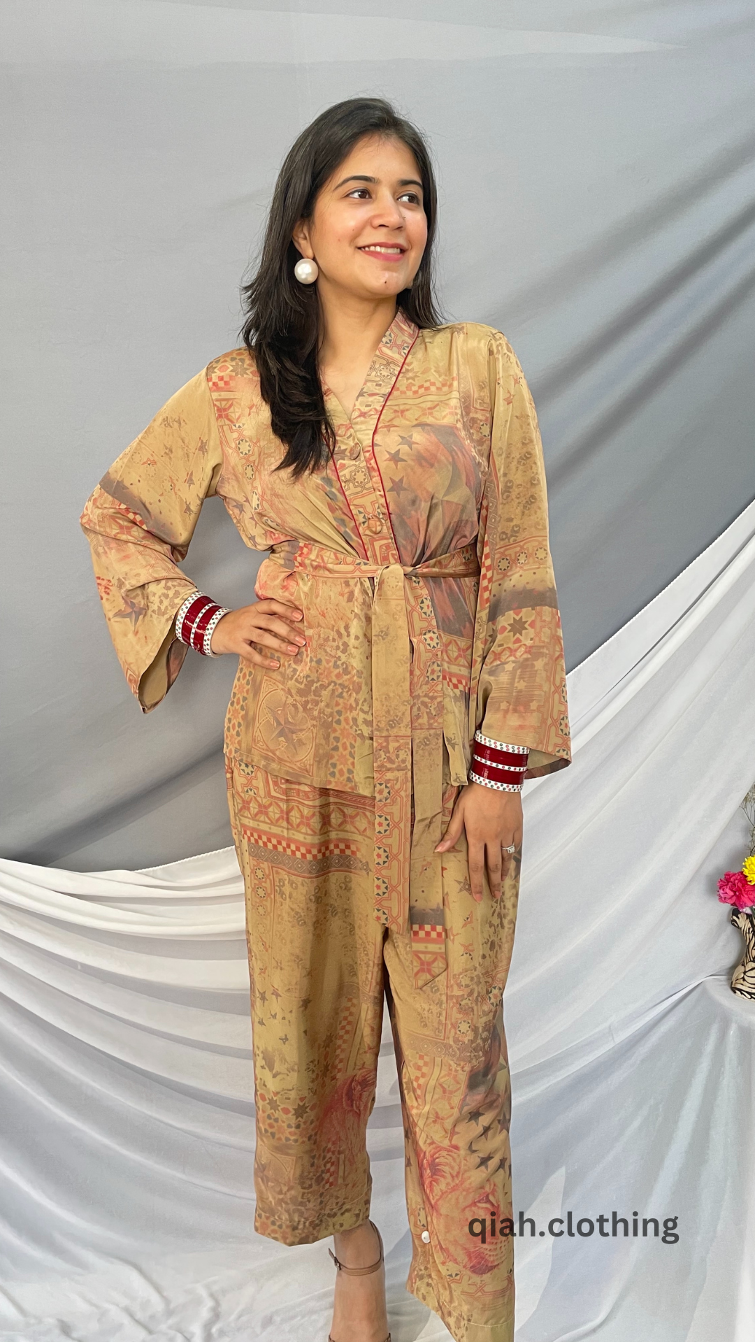 CAMEL BROWN GEOMETRICAL PRINT SHIRT STYLE COORD SET