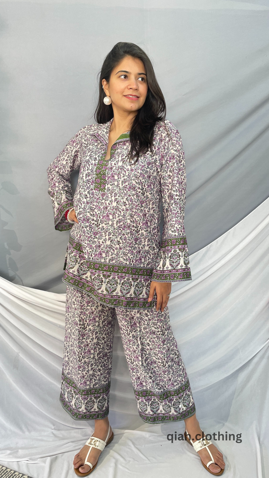 WHITE FLORAL PRINT KURTA STYLE COORD SET