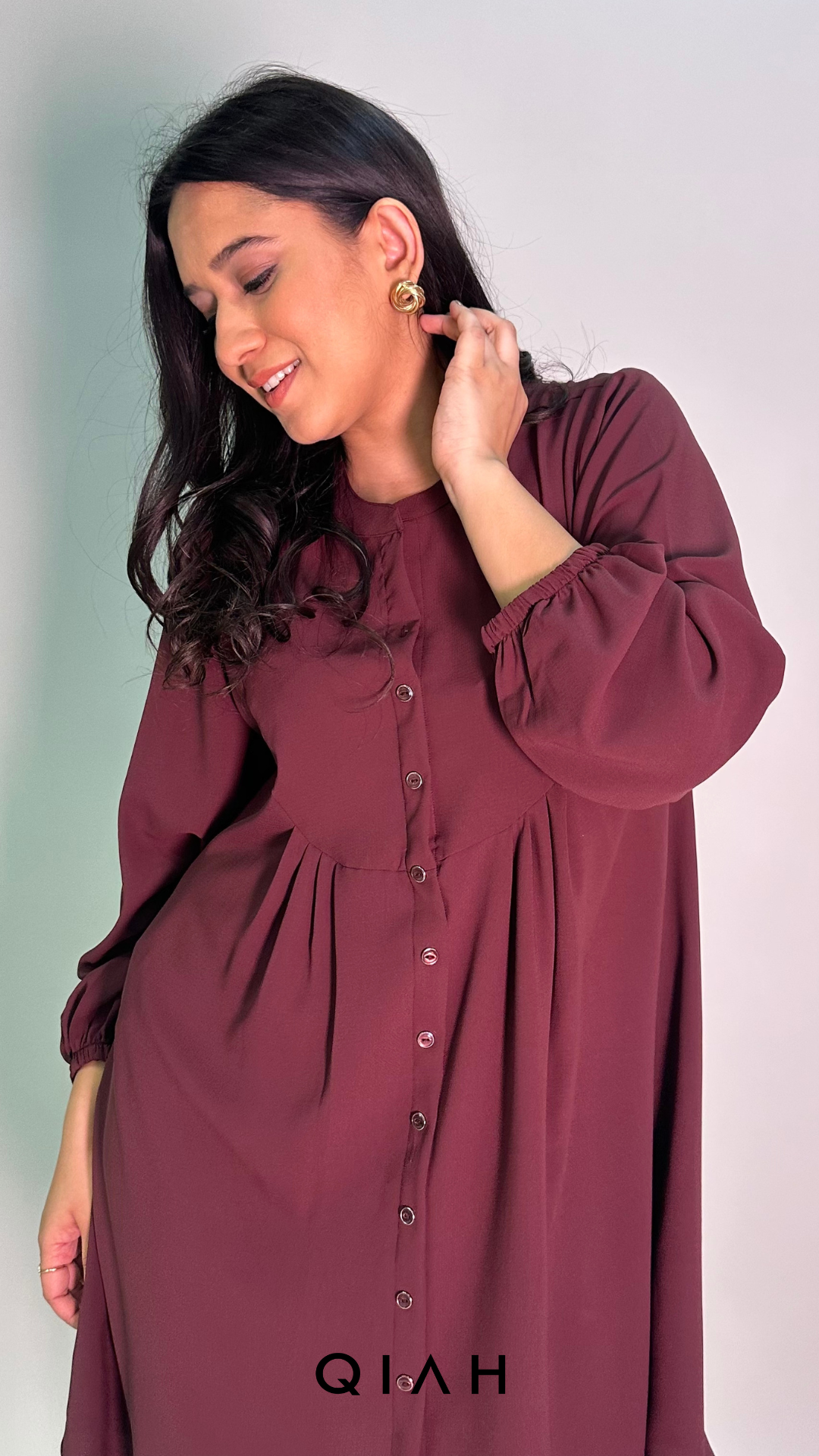 WINE FRONT PLEATED BUTTON DOWN DRESS