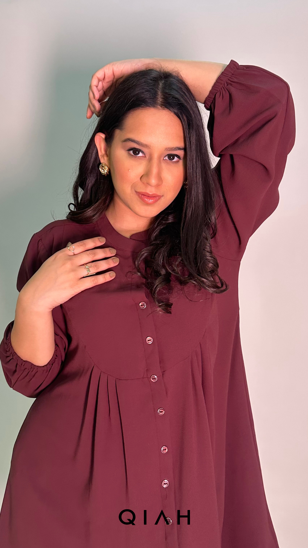 WINE FRONT PLEATED BUTTON DOWN DRESS