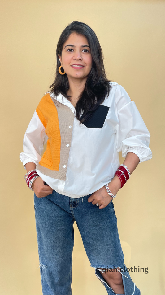 WHITE COLOR BLOCKED BUTTON DOWN SHIRT