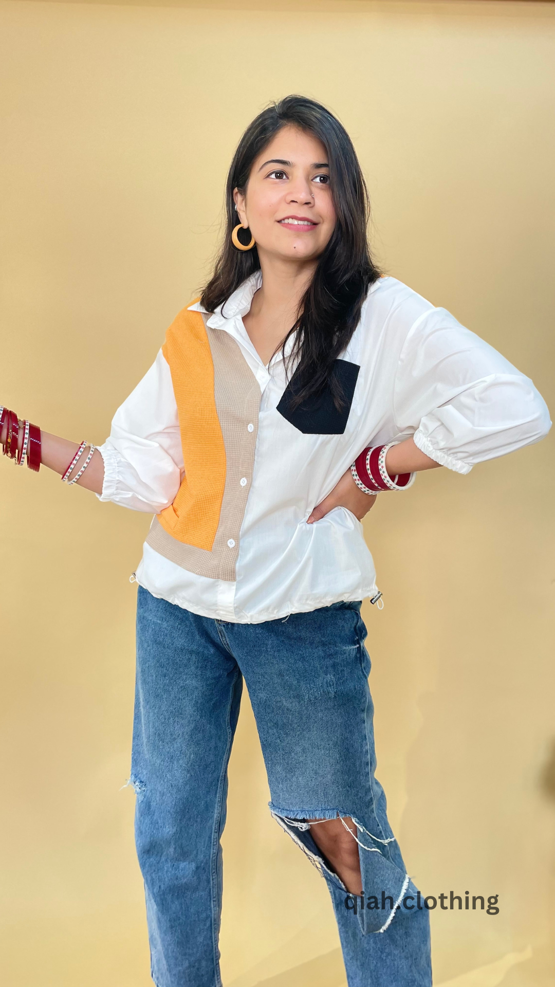 WHITE COLOR BLOCKED BUTTON DOWN SHIRT