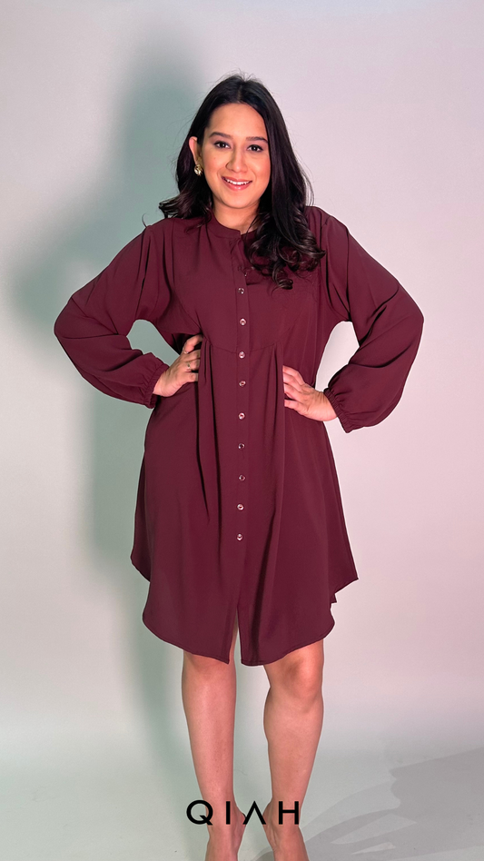 WINE FRONT PLEATED BUTTON DOWN DRESS