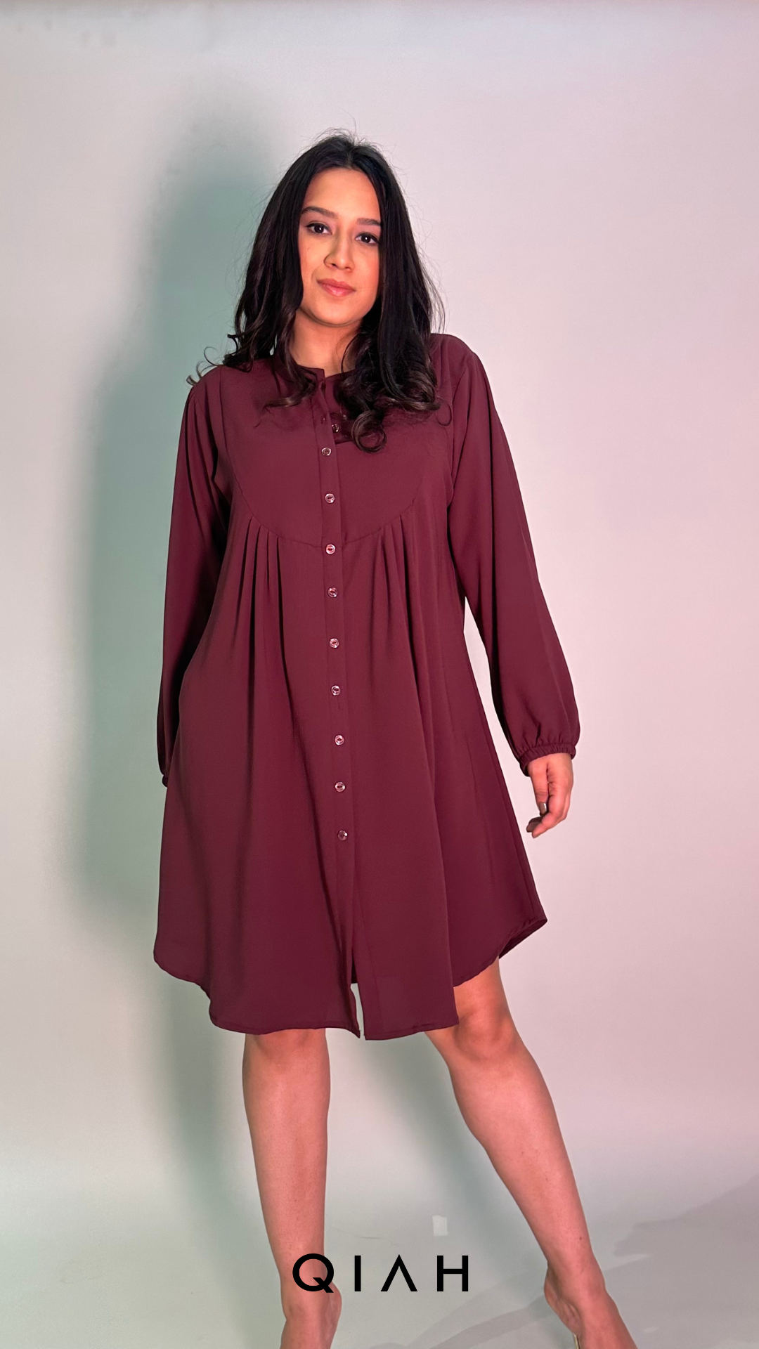 WINE FRONT PLEATED BUTTON DOWN DRESS