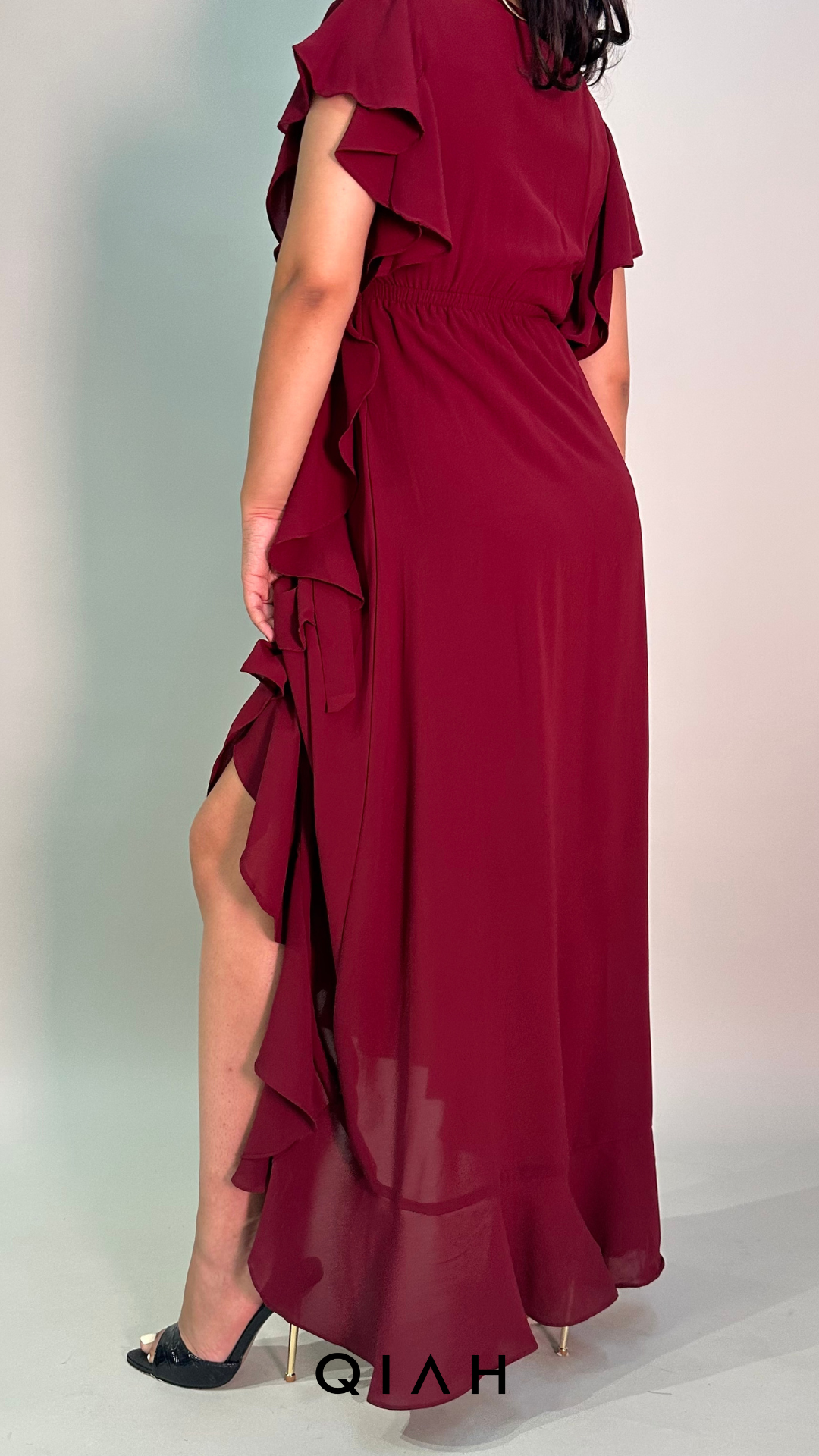 MAROON WRAP NECK FRONT DETAILED LONG DRESS