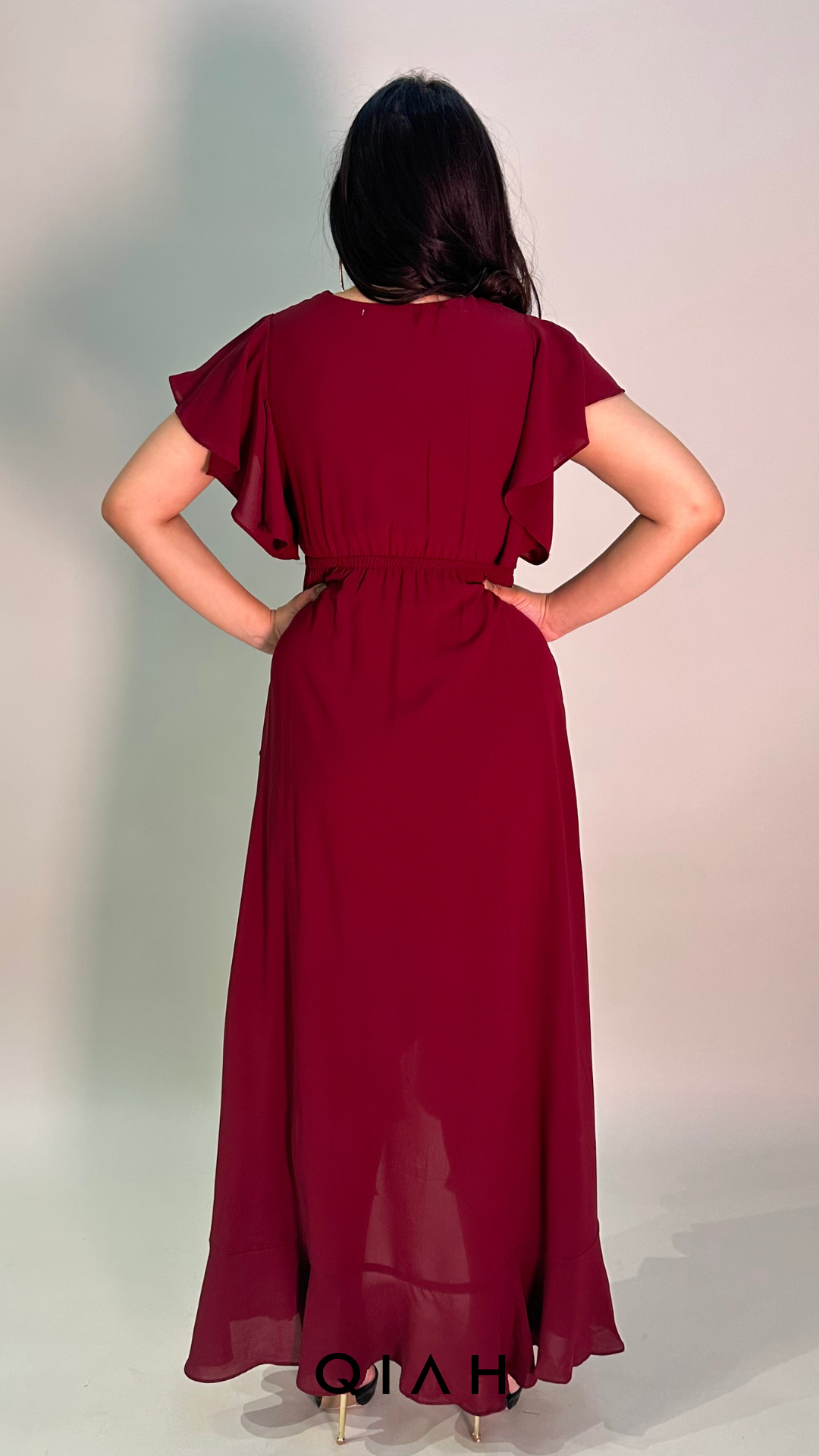 MAROON WRAP NECK FRONT DETAILED LONG DRESS