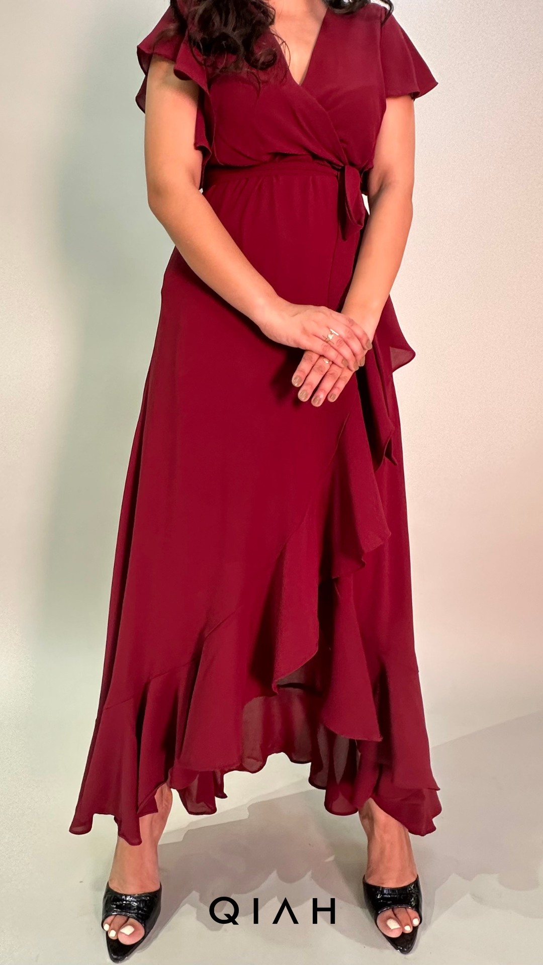 MAROON WRAP NECK FRONT DETAILED LONG DRESS