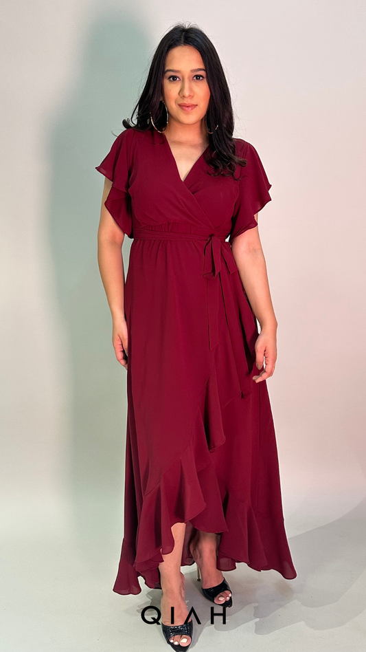 MAROON WRAP NECK FRONT DETAILED LONG DRESS