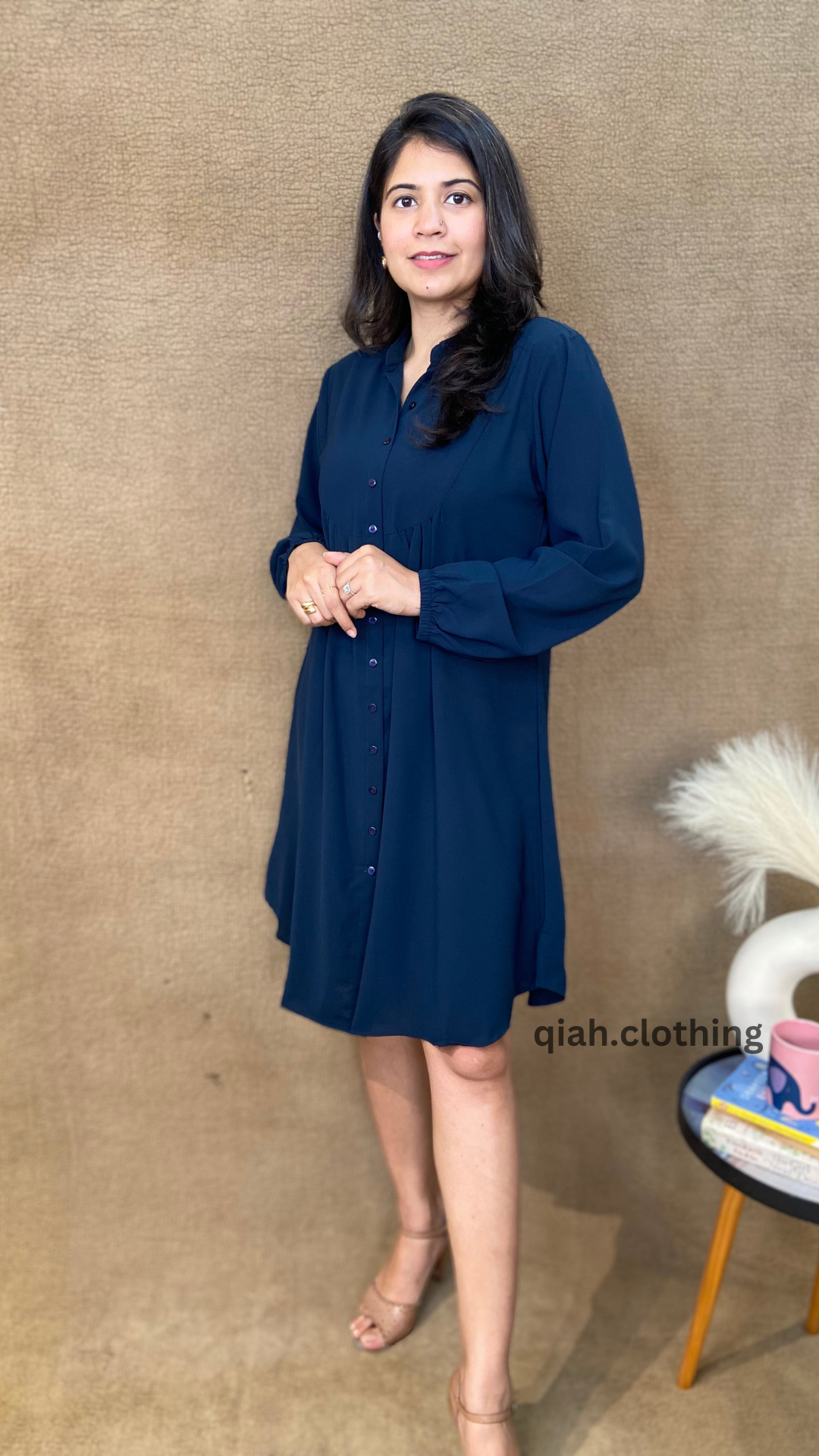 BLUE FRONT PLEATED BUTTON DOWN DRESS