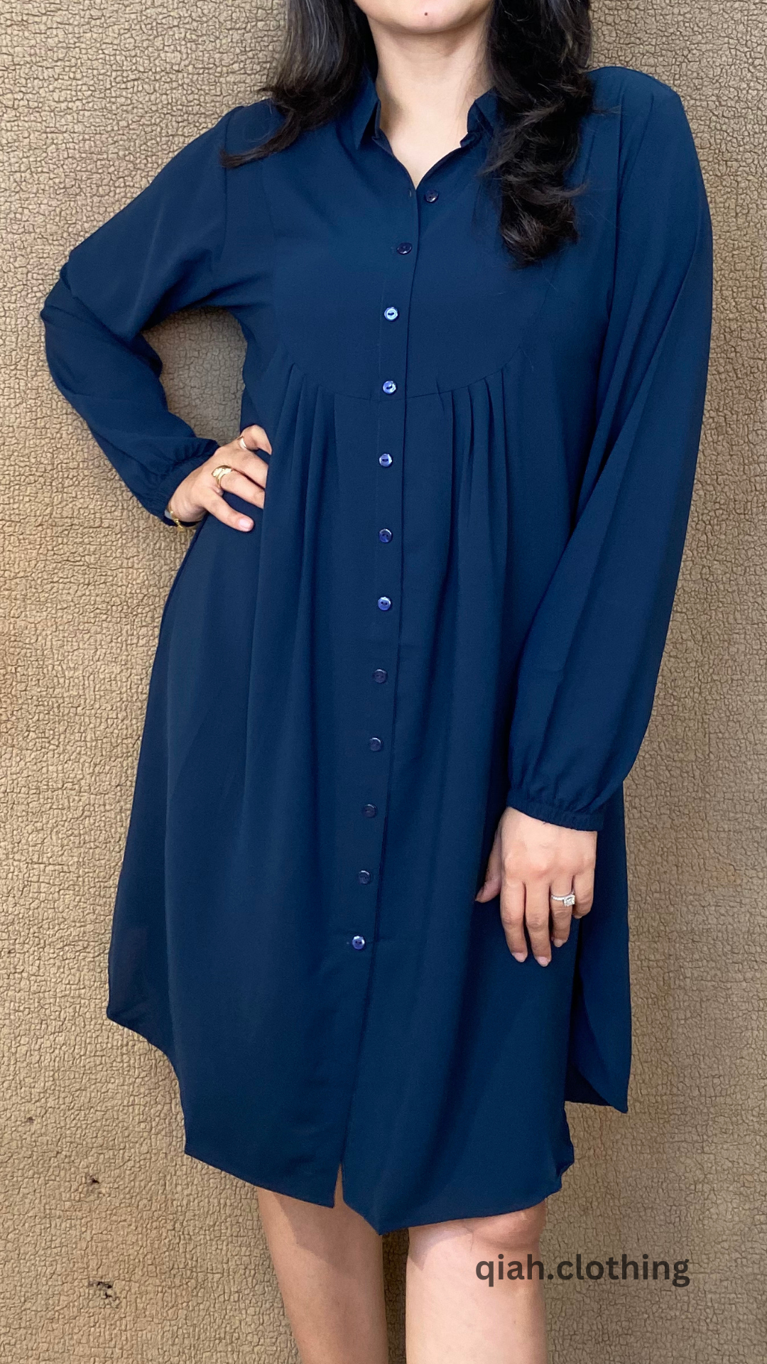 BLUE FRONT PLEATED BUTTON DOWN DRESS