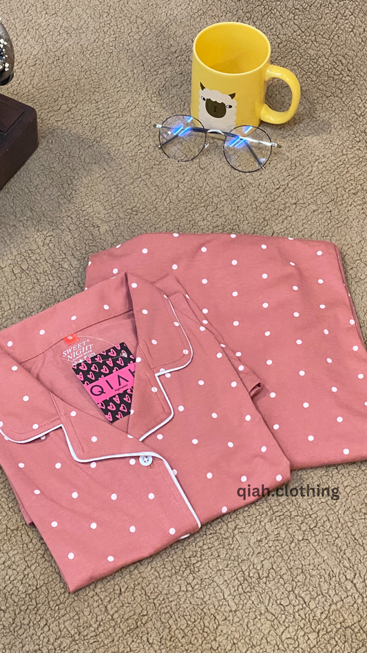 WHITE POLKA DOTS PRINT BUTTON DOWN SHIRT & PYJAMA SET IN PEACH PINK