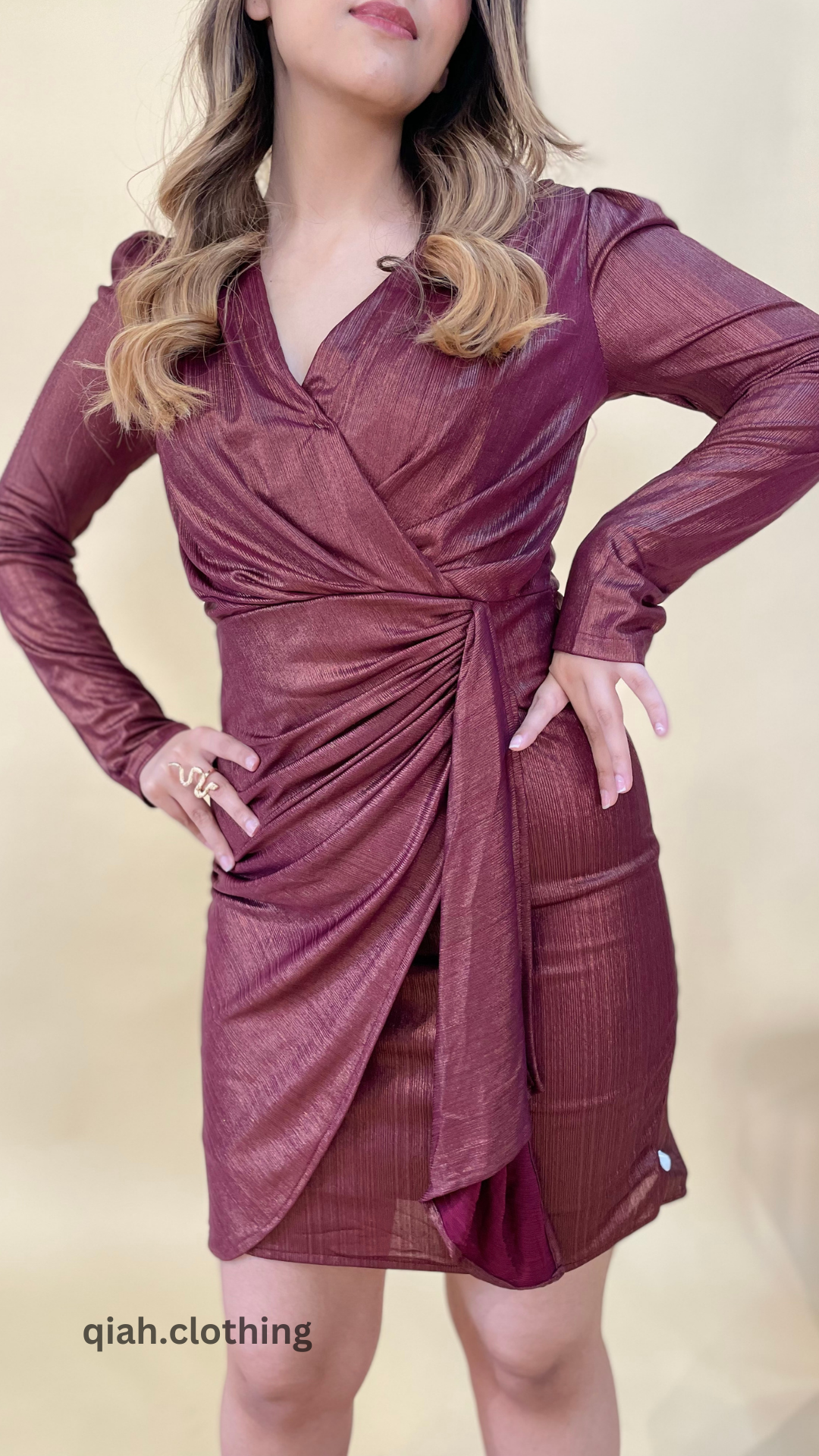 MAROON SHIMMER DRAPE DRESS