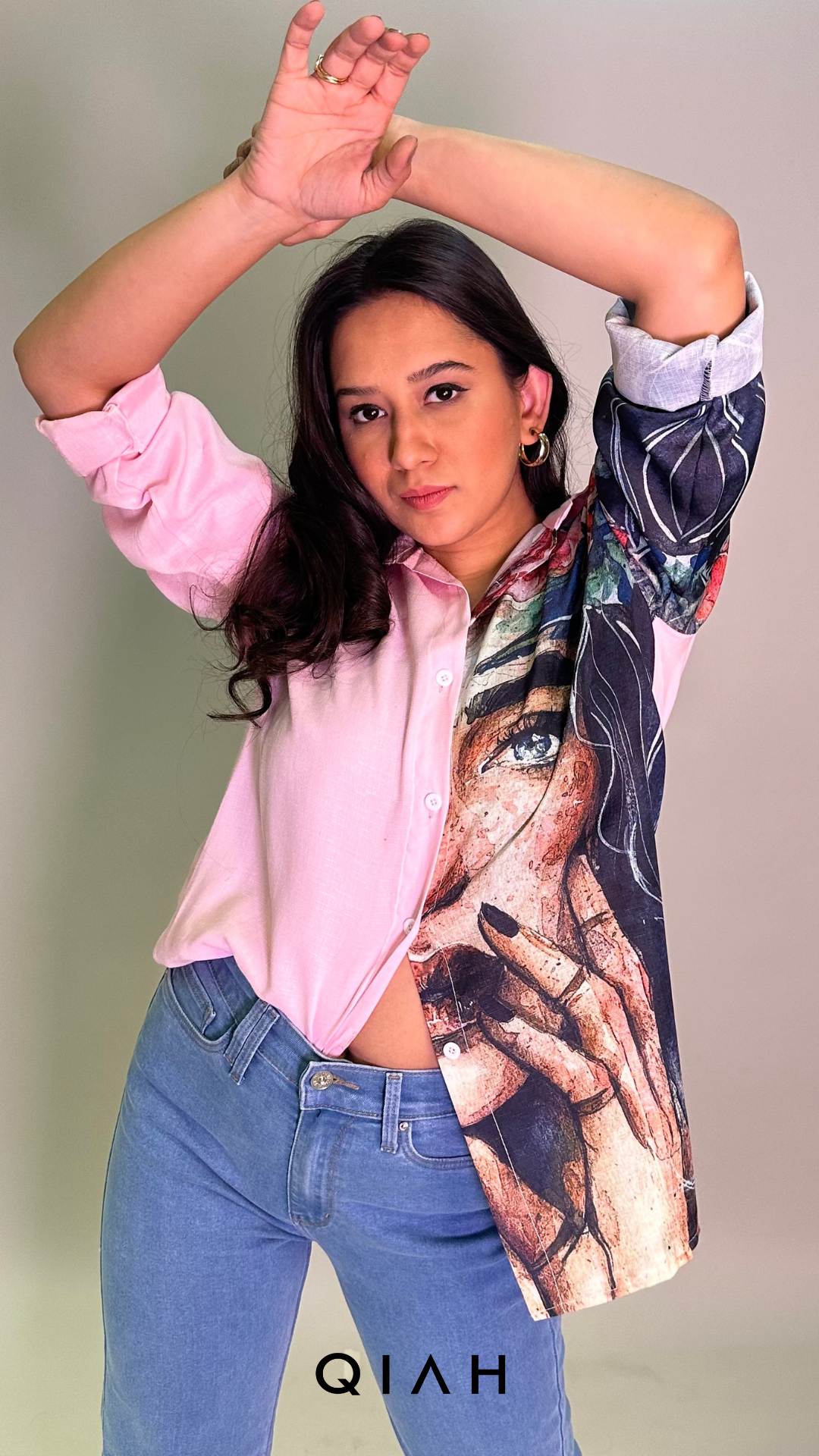 PINK ONE SIDED PRINTED BUTTON DOWN SHIRT