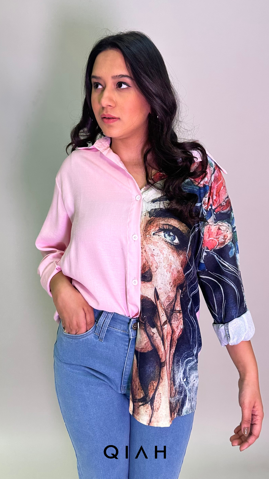 PINK ONE SIDED PRINTED BUTTON DOWN SHIRT