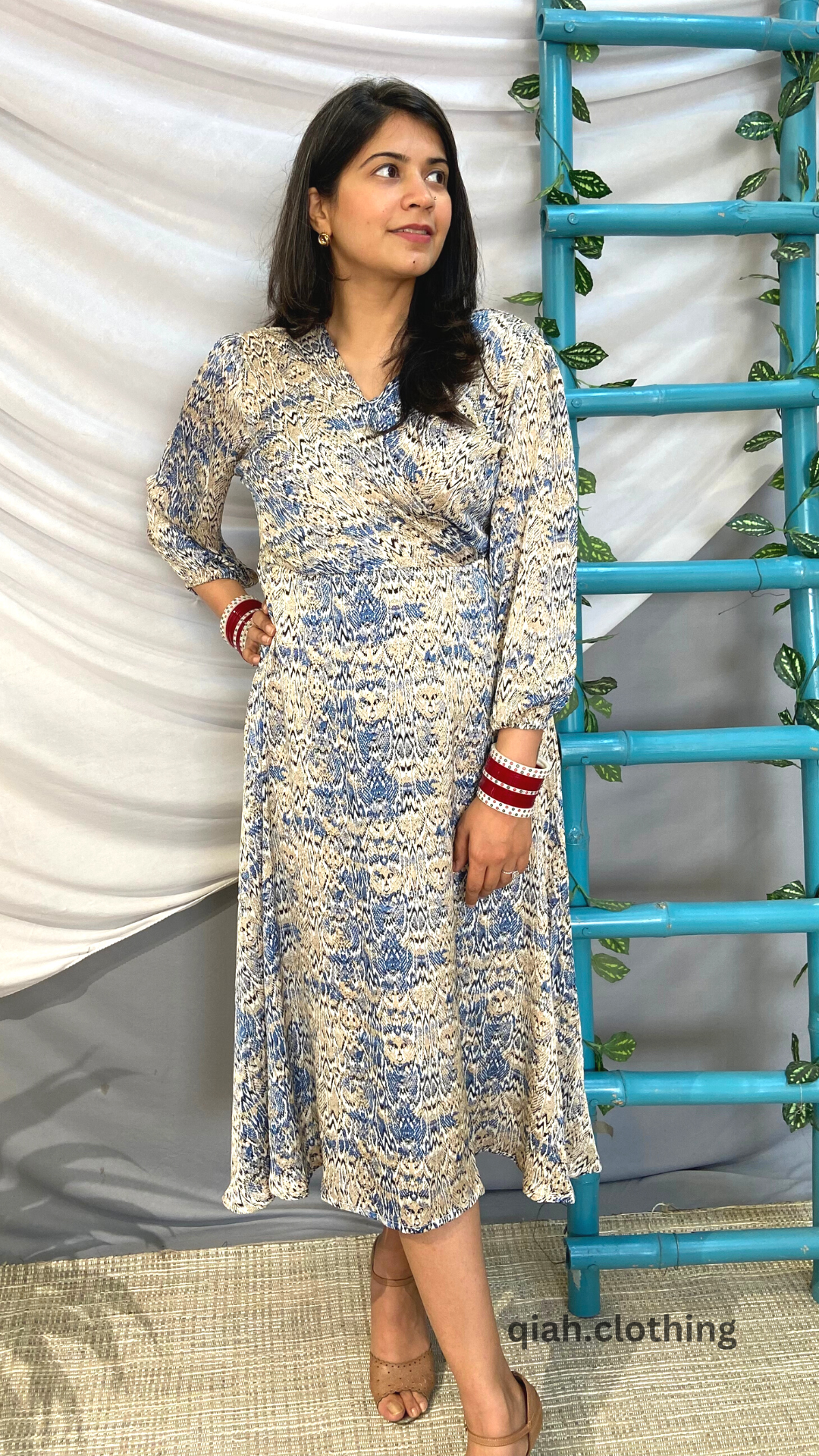 BLUE PRINTED WRAP NECK MAXI DRESS