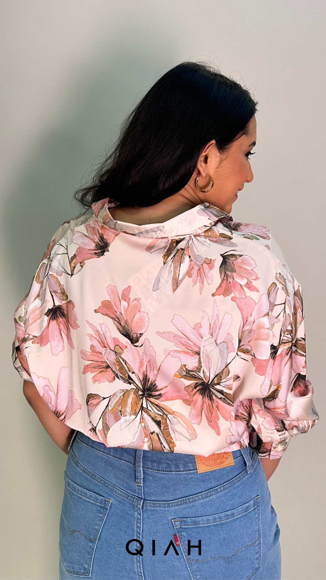 PEACH FLORAL PRINT BUTTON DOWN CROP SHIRT