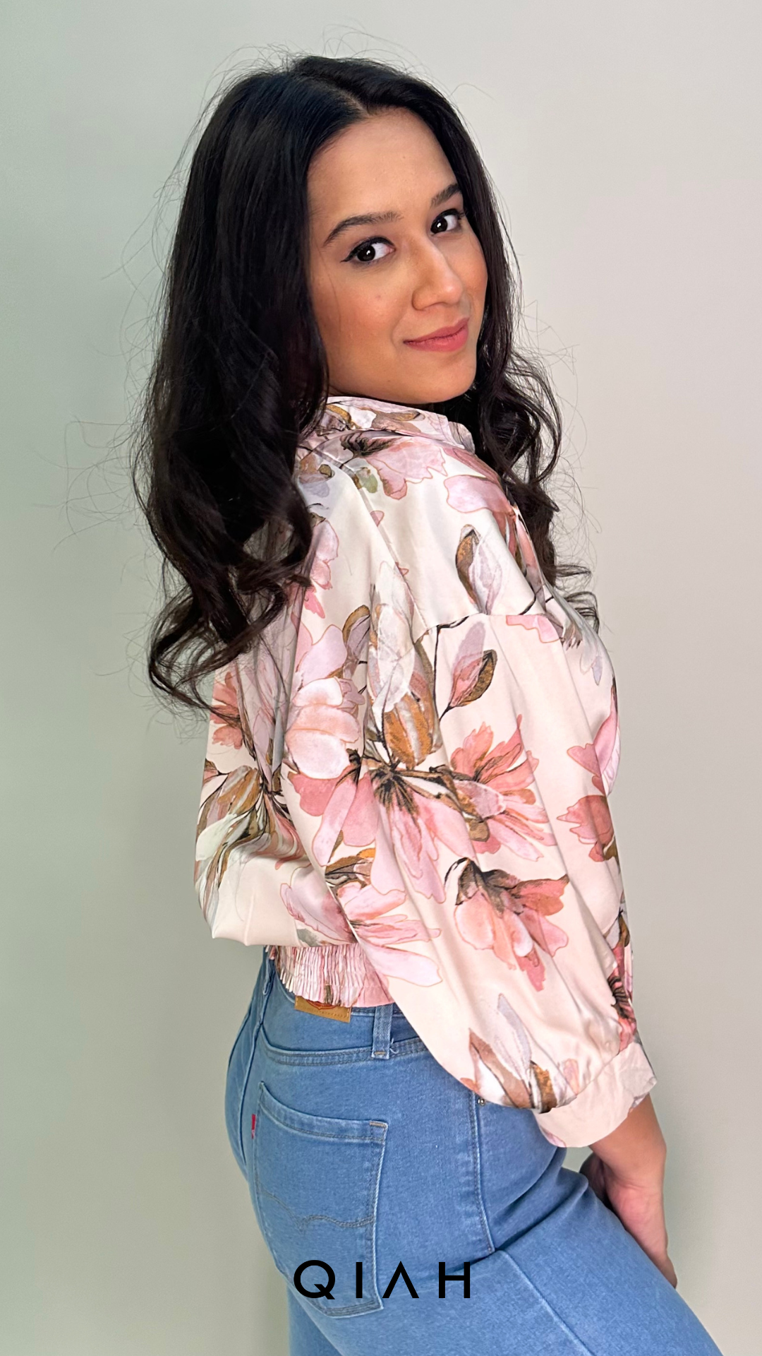 PEACH FLORAL PRINT BUTTON DOWN CROP SHIRT