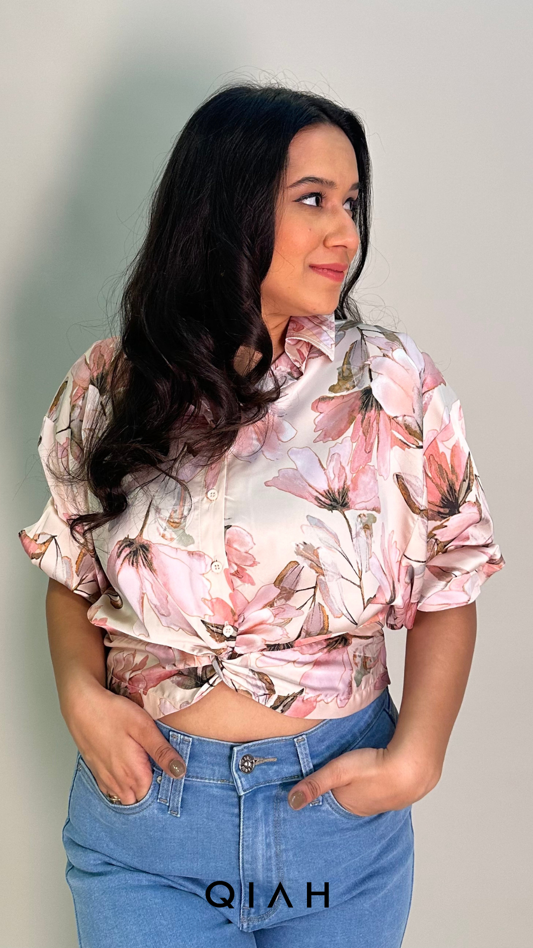 PEACH FLORAL PRINT BUTTON DOWN CROP SHIRT