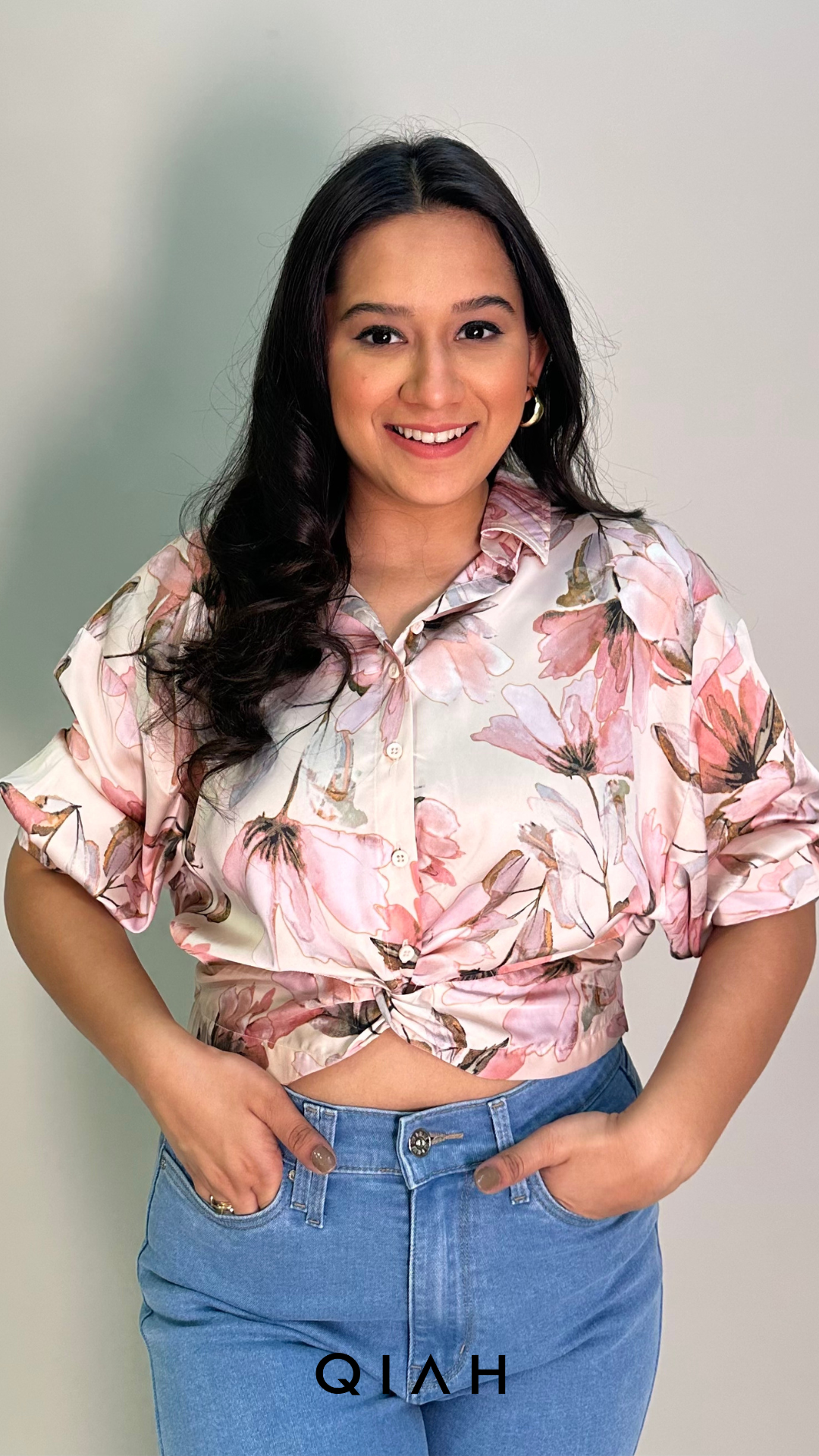 PEACH FLORAL PRINT BUTTON DOWN CROP SHIRT