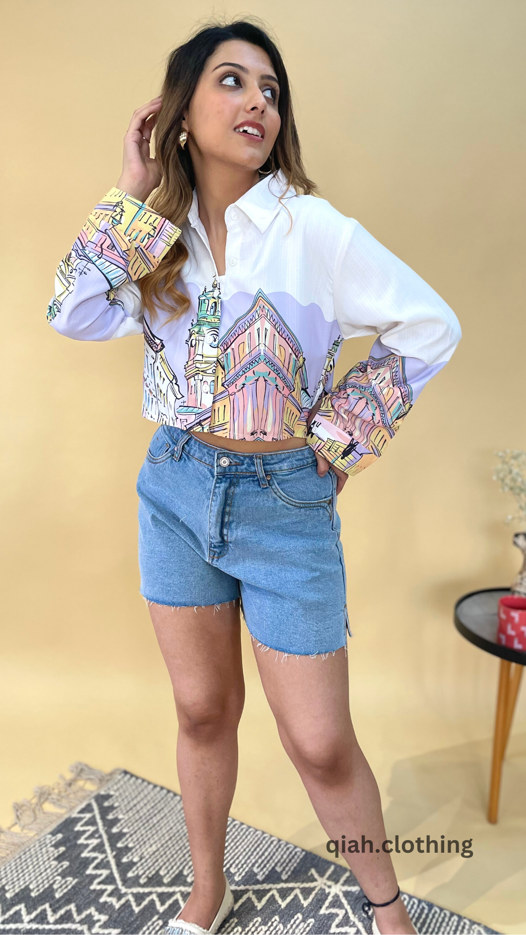 WHITE PRINTED ASYMMETRICAL COLLARED SHIRT