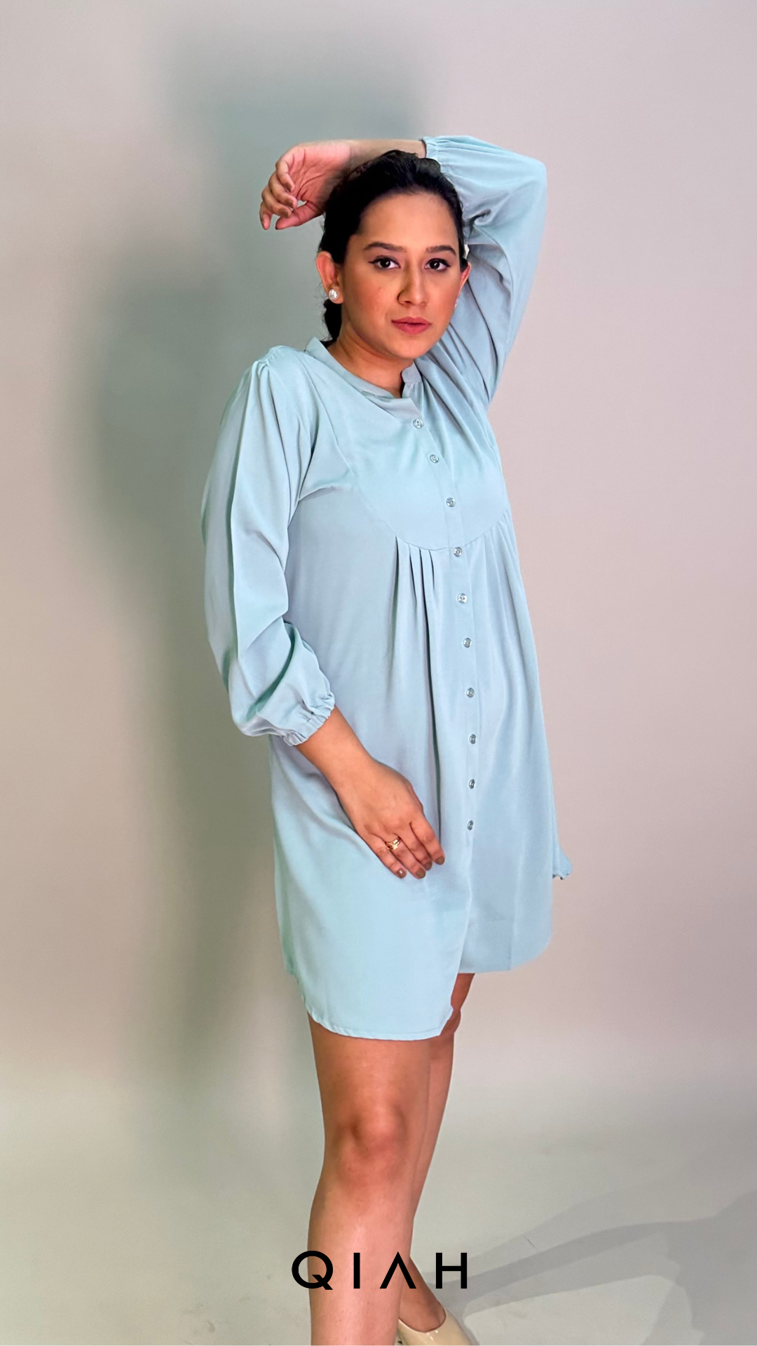 TURQUOISE FRONT PLEATED BUTTON DOWN DRESS