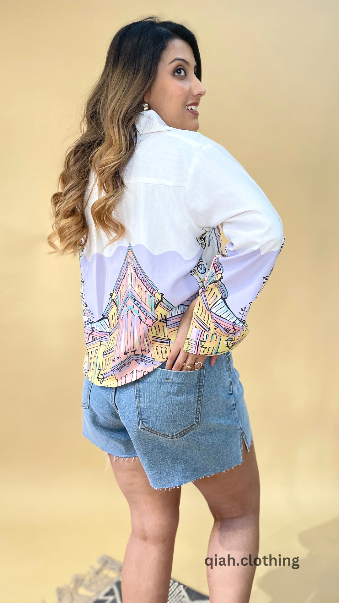 WHITE PRINTED ASYMMETRICAL COLLARED SHIRT